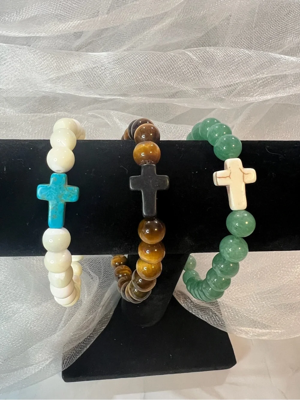 Set of 3 Artisan Men's Beaded Stretch Bracelet 8mm Genuine Gemstones (FL1092)